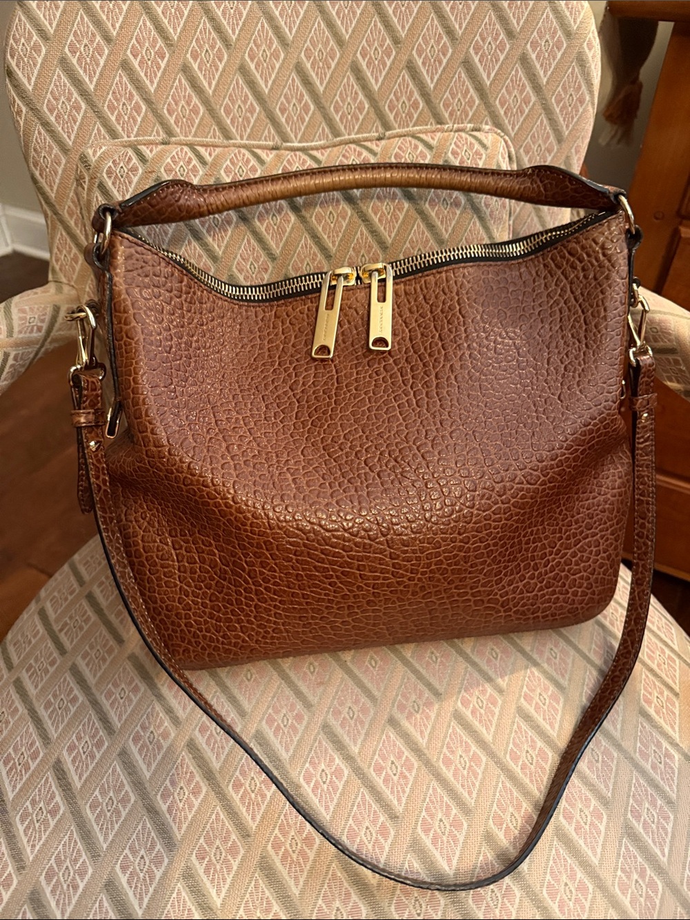 Burberry Brown Textured Leather Hobo Shoulder Bag with Gold Hardware